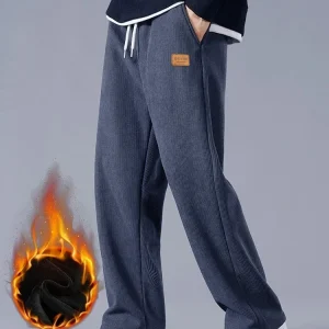 Winter Corduroy Sweatpants Men Drawstring Fleece Lined Thick Warm Wide Leg Straight Casual Pants Male Loose Trousers