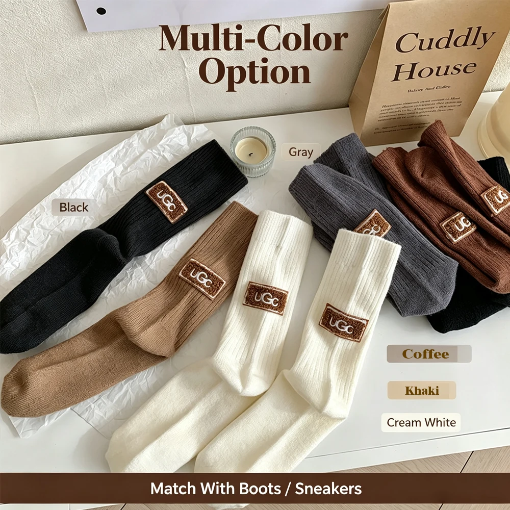Winter Cozy Thick Pile Socks Women Mid Fashion Wool Cashmere Keep Warm Snow Boot Socks Heel Furry Label Footwear Letter Hosiery - Image 2