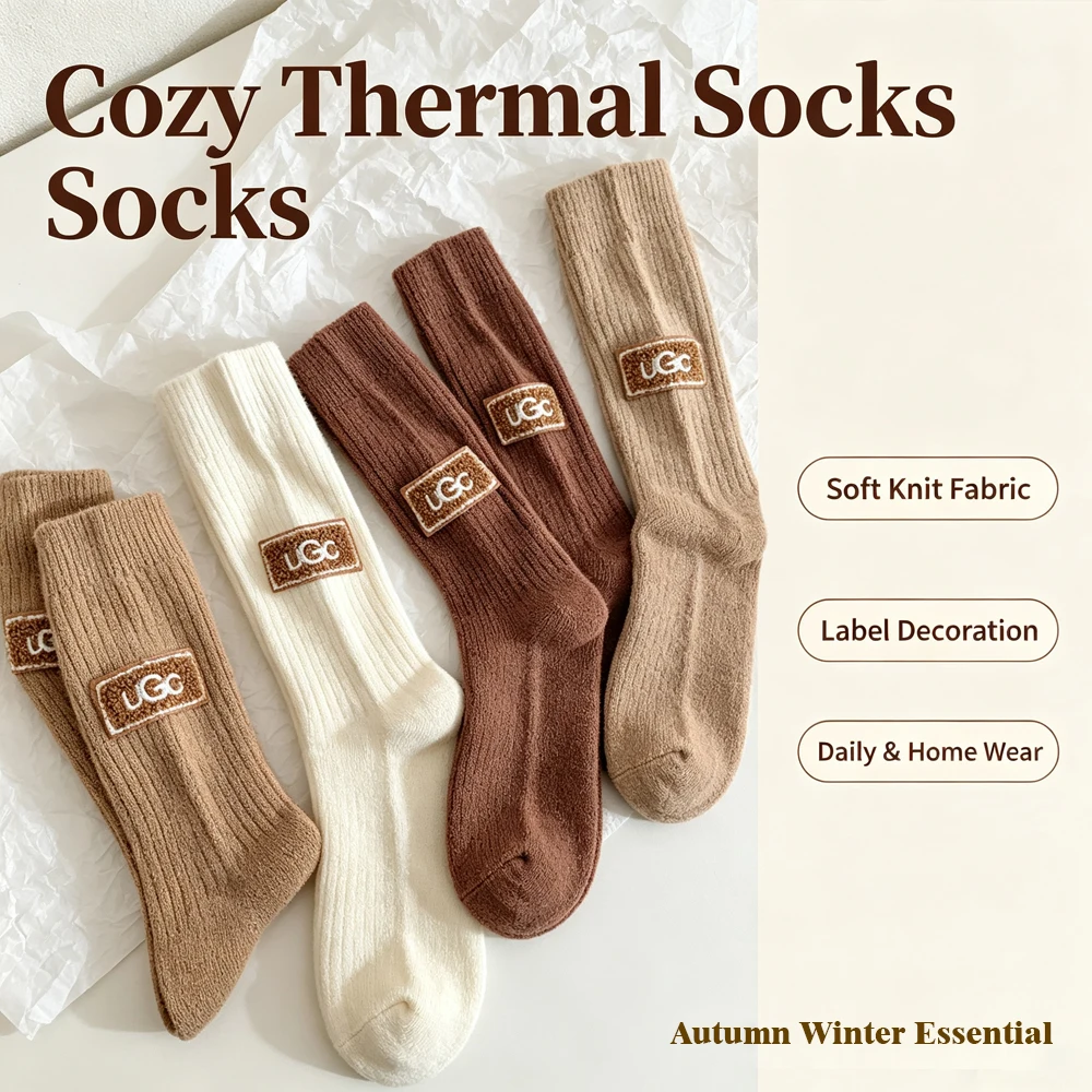 Winter Cozy Thick Pile Socks Women Mid Fashion Wool Cashmere Keep Warm Snow Boot Socks Heel Furry Label Footwear Letter Hosiery - Image 3