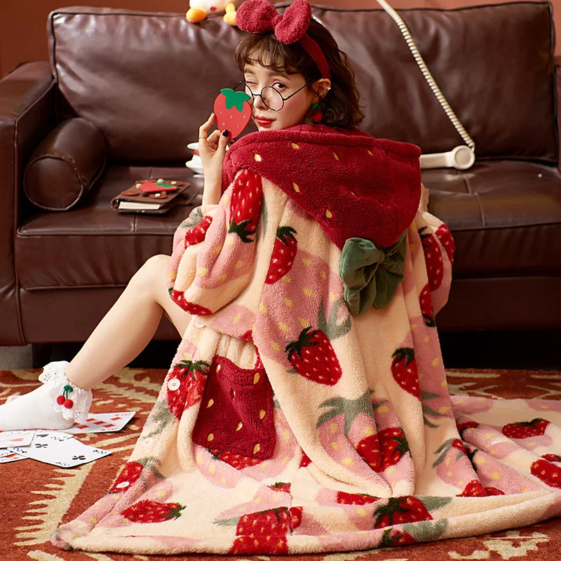 Winter Pajamas For Women Strawberry Cartoon Hooded Long Robe Jacket Cute Home Wear Sleepwear Kawaii Flannel Warm Comfy Bathrobe - Image 5