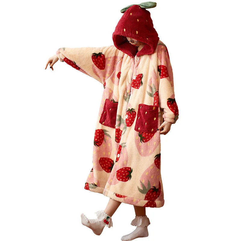 Winter Pajamas For Women Strawberry Cartoon Hooded Long Robe Jacket Cute Home Wear Sleepwear Kawaii Flannel Warm Comfy Bathrobe - Image 6