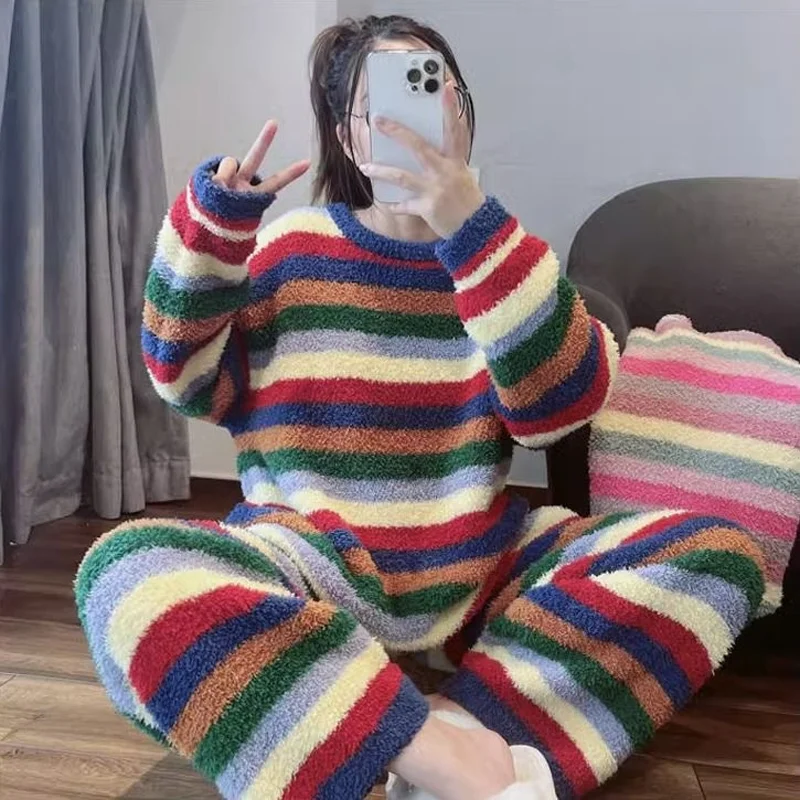 Winter Pajamas for Women: Cute Rainbow Pattern Korean Style Simple Half-Fleece Warm Pajamas Homewear Women's Winter Set - Image 2