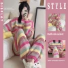 Winter Pajamas for Women: Cute Rainbow Pattern Korean Style Simple Half-Fleece Warm Pajamas Homewear Women's Winter Set