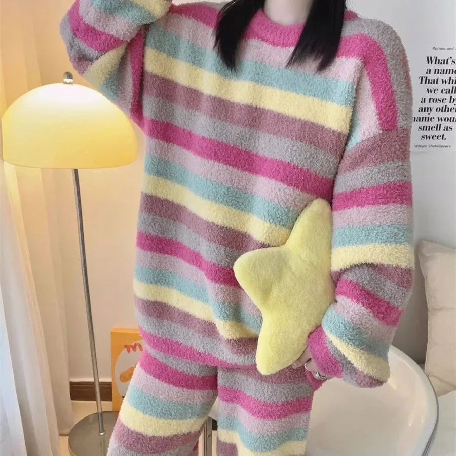 Winter Pajamas for Women: Cute Rainbow Pattern Korean Style Simple Half-Fleece Warm Pajamas Homewear Women's Winter Set - Image 3