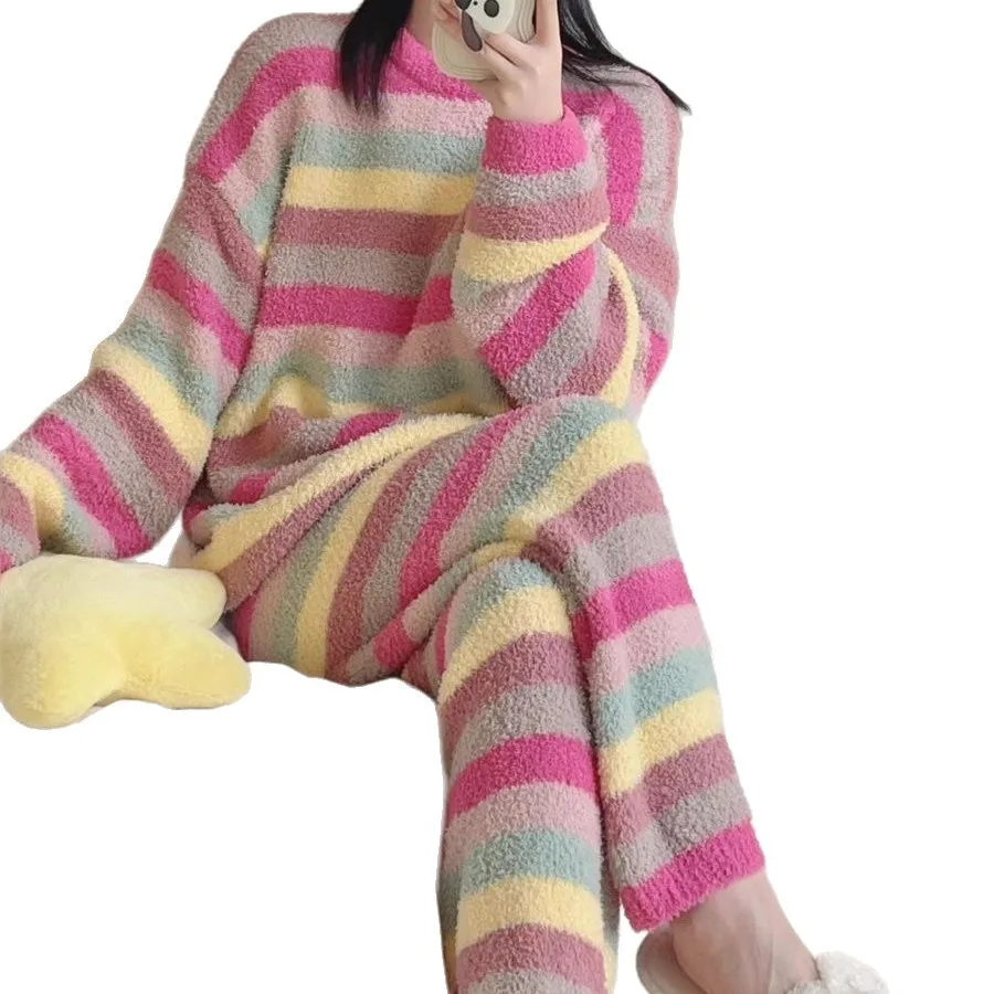Winter Pajamas for Women: Cute Rainbow Pattern Korean Style Simple Half-Fleece Warm Pajamas Homewear Women's Winter Set - Image 5