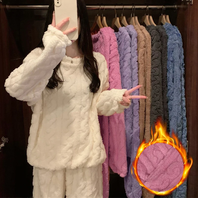Winter Soft Coral Velvet Jacquard Warm Pajama Set for Women Solid Minimalist Striped Loungewear Female Comfortable Sleepwear New