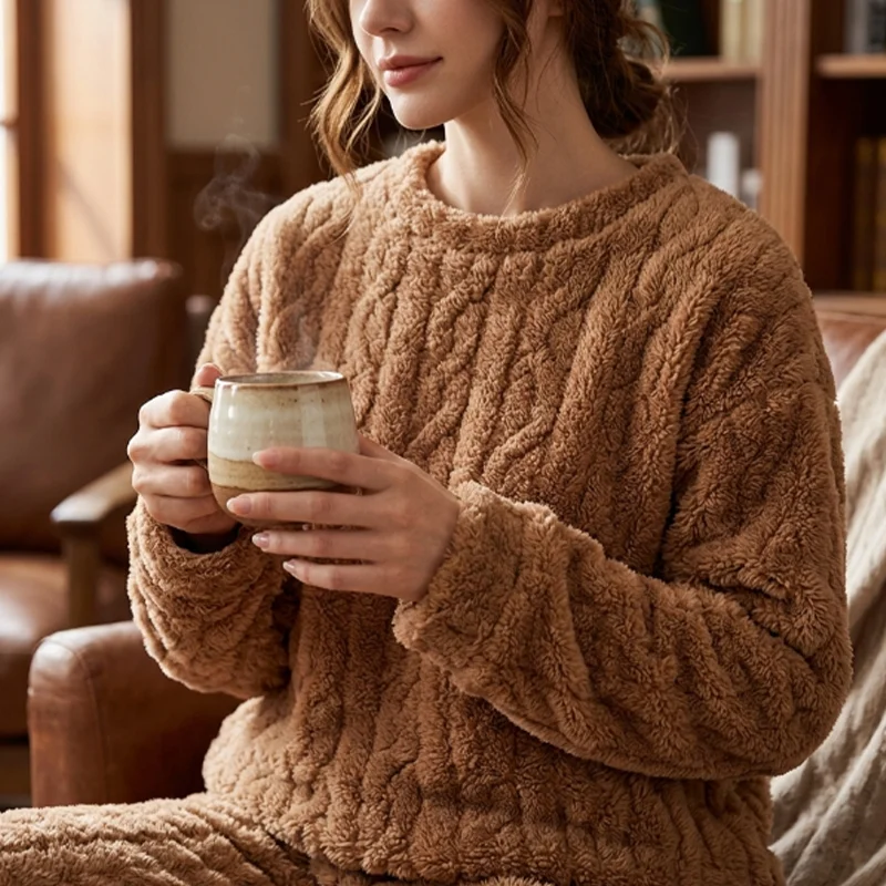 Winter Warm Coral Velvet Pajamas Set Women Thick Fluffy Sleepwear Lounge Suit Cozy Soft Homewear Outwear Cold Weather - Image 6