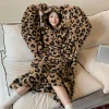 Winter Women Hooded Robe Leopard Coral Fleece Bear Ear Large Size Robes Warm Sleepwear Bathrobe Casual Soft Oversized Loungewear