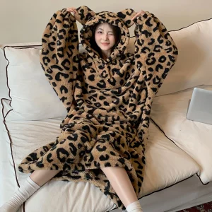 Winter Women Hooded Robe Leopard Coral Fleece Bear Ear Large Size Robes Warm Sleepwear Bathrobe Casual Soft Oversized Loungewear