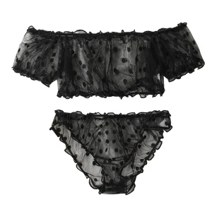 Women 2-Piece Lingerie Dot Embroidery Mesh Fancy Outfit Romantic Underwear Set Bra And Panty Sets