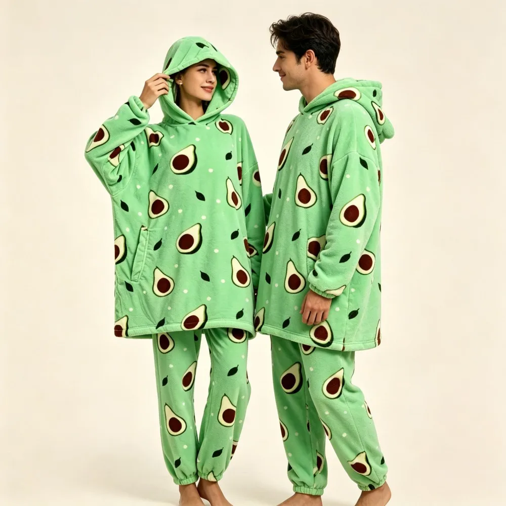 Women Cartoon Hooded Flannel Pajama Set Winter Warm Soft Avocado Cow Print 2 Pieces Sleepwear Loose Loungewear Homewear Suit - Image 2