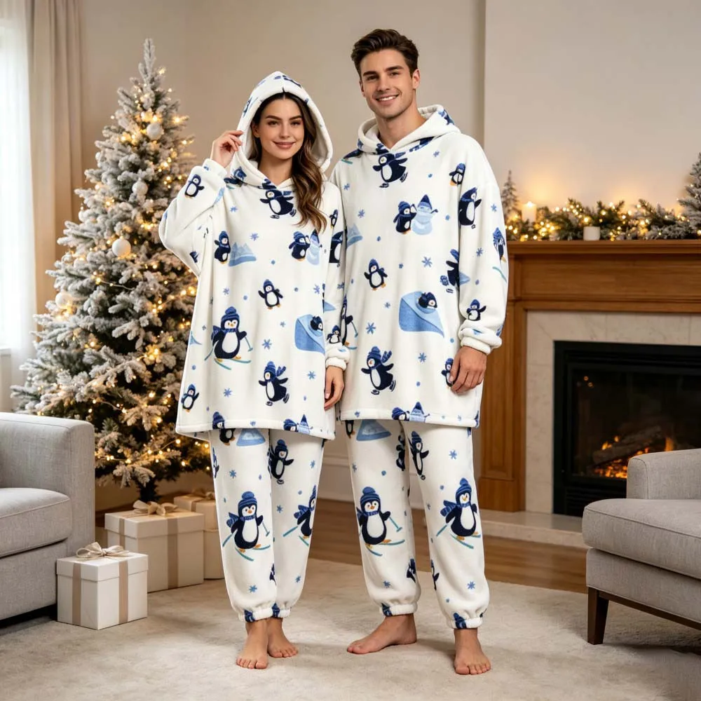 Women Cartoon Hooded Flannel Pajama Set Winter Warm Soft Avocado Cow Print 2 Pieces Sleepwear Loose Loungewear Homewear Suit - Image 5