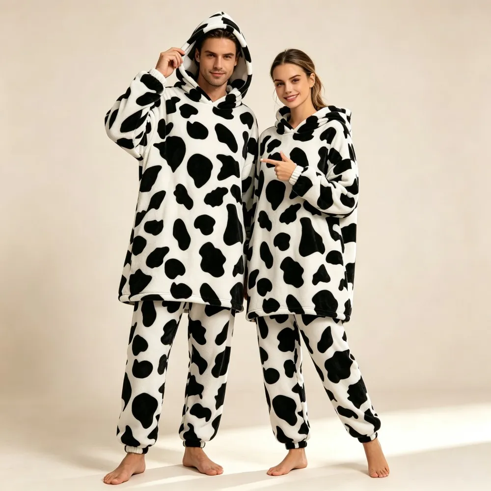 Women Cartoon Hooded Flannel Pajama Set Winter Warm Soft Avocado Cow Print 2 Pieces Sleepwear Loose Loungewear Homewear Suit - Image 3