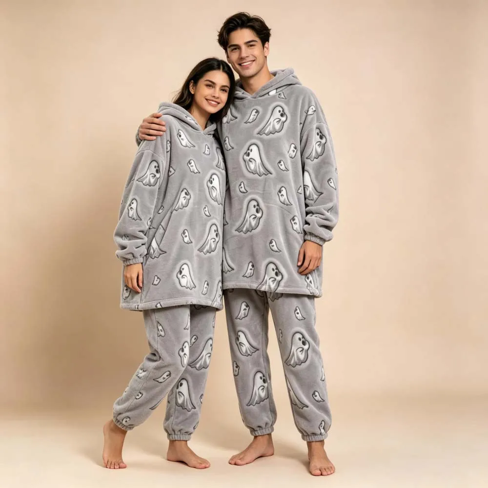 Women Cartoon Hooded Flannel Pajama Set Winter Warm Soft Avocado Cow Print 2 Pieces Sleepwear Loose Loungewear Homewear Suit - Image 6
