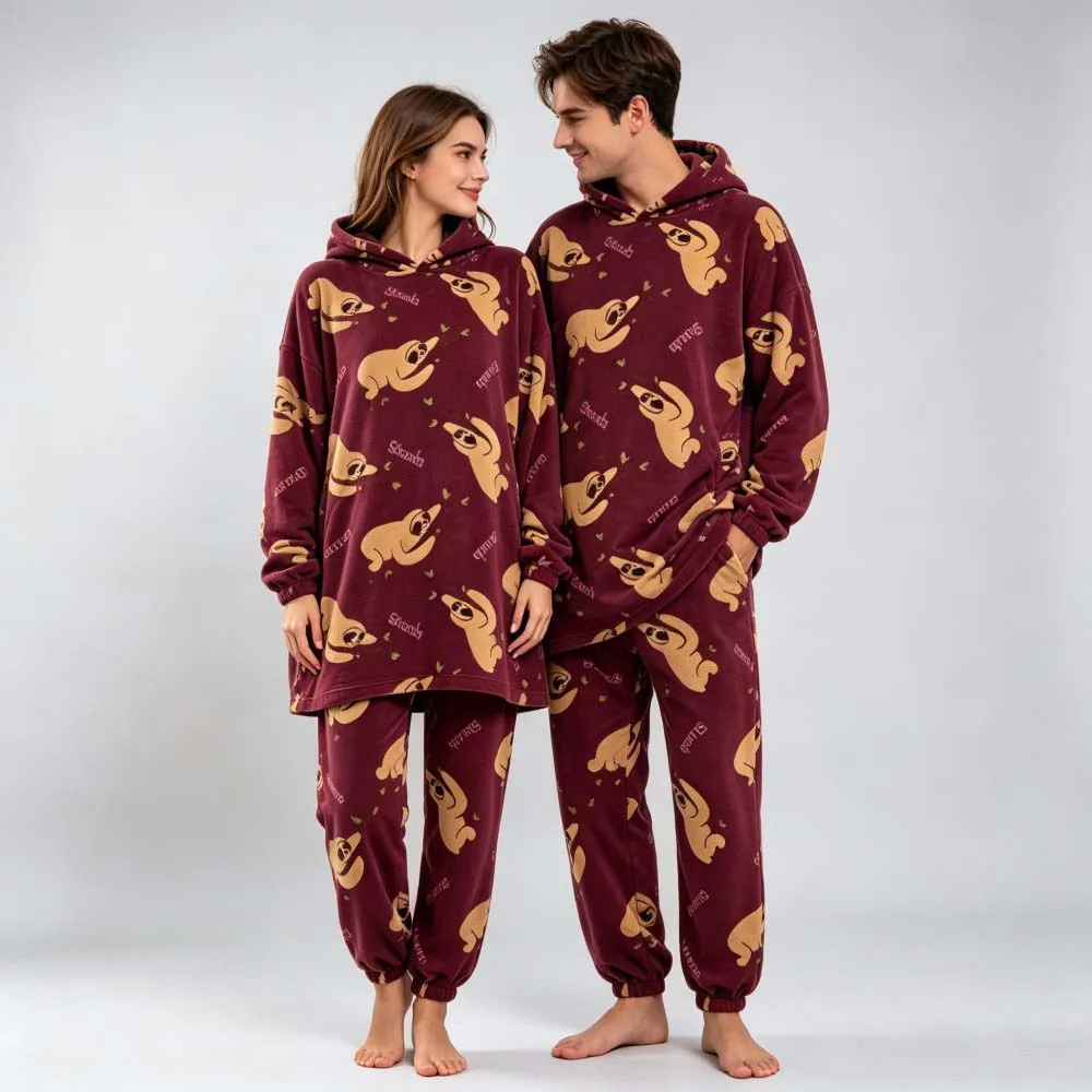 Women Cartoon Hooded Flannel Pajama Set Winter Warm Soft Avocado Cow Print 2 Pieces Sleepwear Loose Loungewear Homewear Suit - Image 4