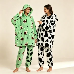 Women Cartoon Hooded Flannel Pajama Set Winter Warm Soft Avocado Cow Print 2 Pieces Sleepwear Loose Loungewear Homewear Suit