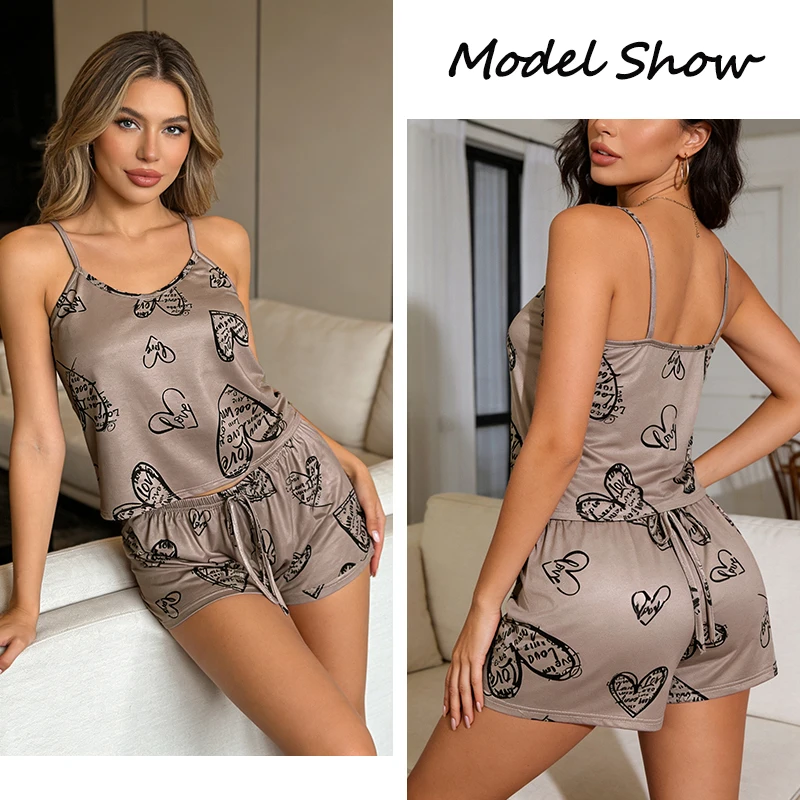 Women Casual Pajama Ladies Sexy Sleepwear Print Round Neck Ice Silk Top T-Shirt and Shorts Sets Breathable Comfortable Home Wear - Image 2