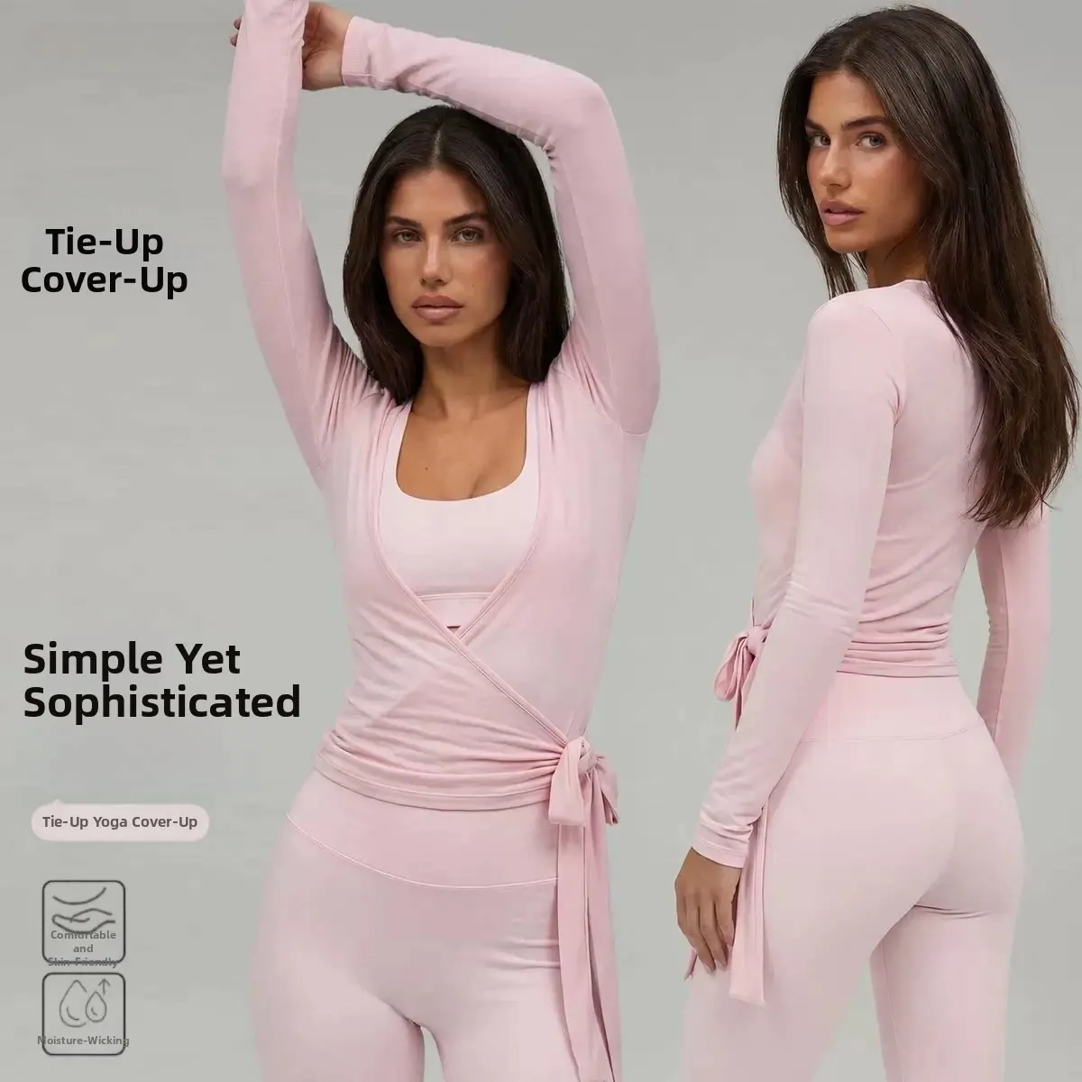 Women Cross Wrap Tie Crop Top, Long Sleeve Deep V Neck Solid Color Slim Fit Yoga Shirt for Pilates Gym Workout Activewear - Image 2