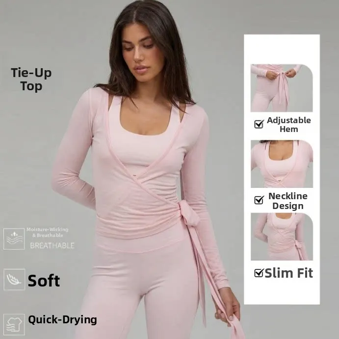 Women Cross Wrap Tie Crop Top, Long Sleeve Deep V Neck Solid Color Slim Fit Yoga Shirt for Pilates Gym Workout Activewear - Image 3