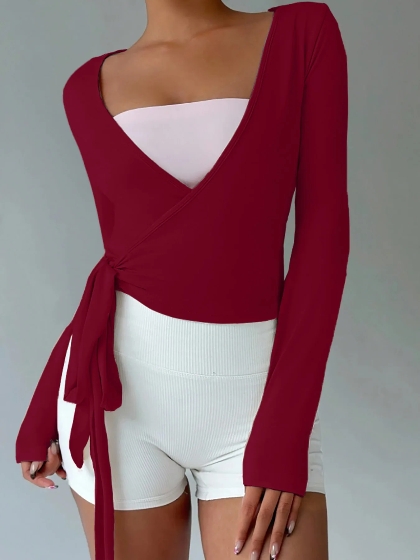 Women Cross Wrap Tie Crop Top, Long Sleeve Deep V Neck Solid Color Slim Fit Yoga Shirt for Pilates Gym Workout Activewear - Image 4