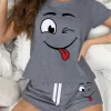 Women Cute Smile Face Print Pajama Set 2PCS Short Sleeve Top Shorts Sleepwear Loungewear Soft Cotton Homewear Summer Nightwear