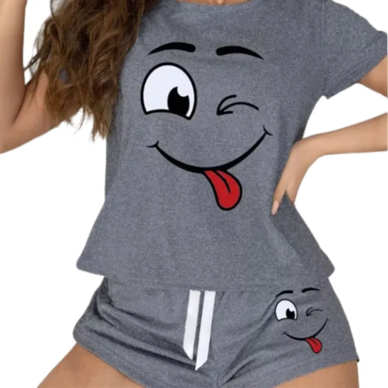 Women Cute Smile Face Print Pajama Set 2PCS Short Sleeve Top Shorts Sleepwear Loungewear Soft Cotton Homewear Summer Nightwear - Image 6