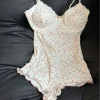 Women Ditsy Floral Lace Trim Cami Jumpsuit Built-in Bra Ruffle Hem One Piece Sleepwear