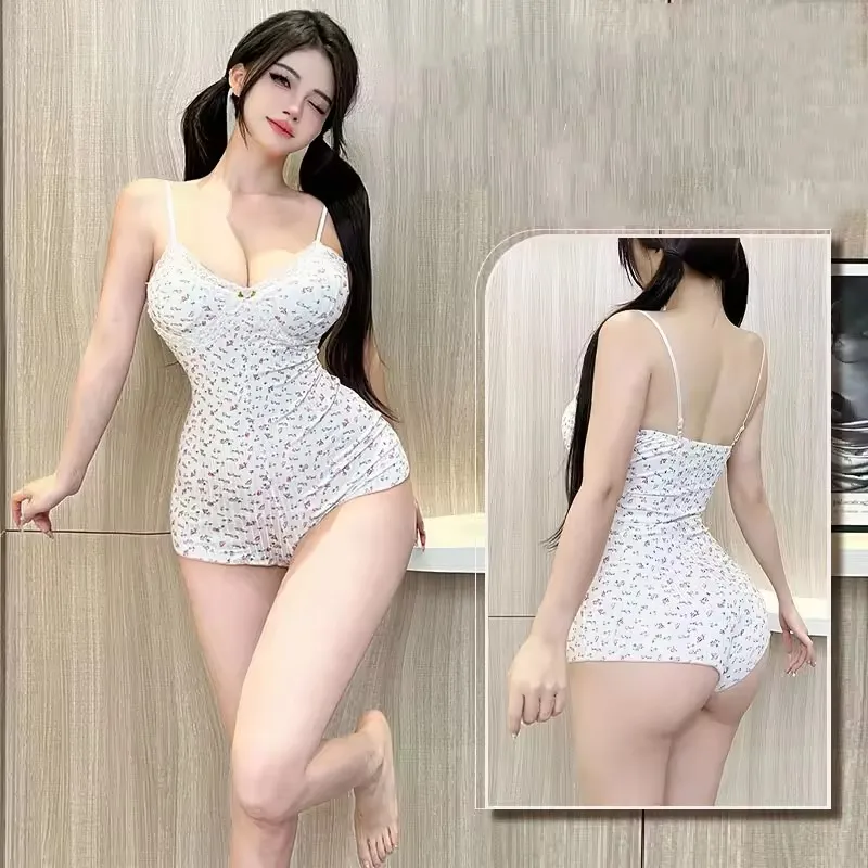 Women Ditsy Floral Lace Trim Cami Jumpsuit Built-in Bra Ruffle Hem One Piece Sleepwear - Image 3
