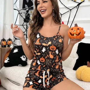 Women Halloween Pajama Set Pumpkin Ghost Bat Print Spaghetti Strap Camisole Top & Shorts Holiday Loungewear Sleepwear Suit