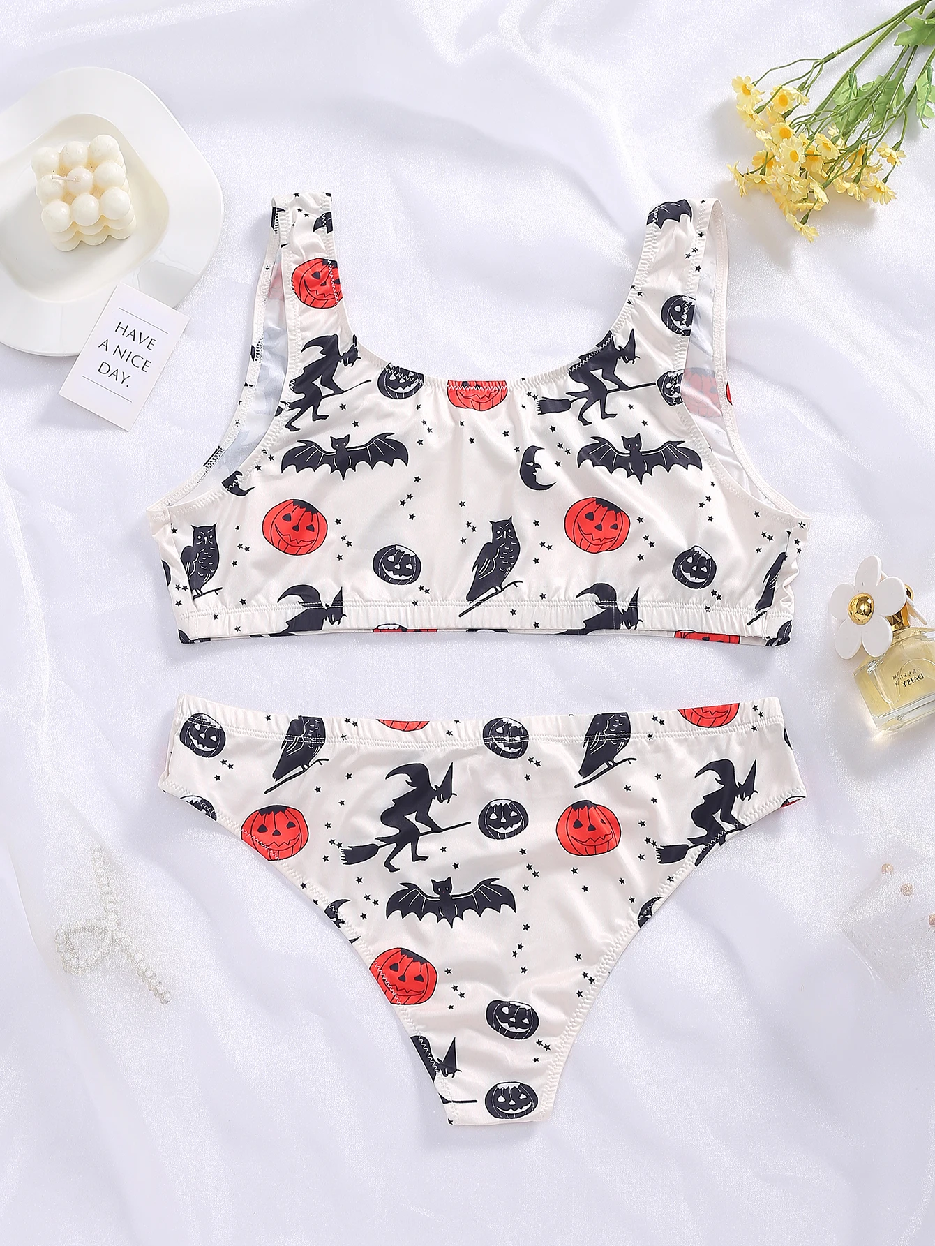 Women Halloween Print Lingerie Set, Pumpkin Bat Witch Pattern Tank Bra And Panty Soft Underwear Set - Image 2