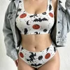 Women Halloween Print Lingerie Set, Pumpkin Bat Witch Pattern Tank Bra And Panty Soft Underwear Set