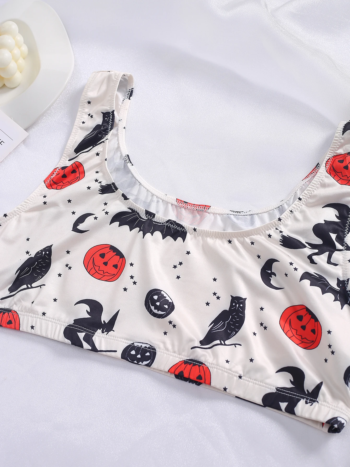 Women Halloween Print Lingerie Set, Pumpkin Bat Witch Pattern Tank Bra And Panty Soft Underwear Set - Image 5