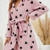 Women Heart Print Hooded Bathrobe Flannel Wrap Robe Long Sleeve Tie Waist Pockets Soft Loungewear Home Nightgown Pajamas