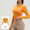 Women Long Sleeve Yoga Top Ruched Slim Fit Open‑Back Workout Shirt With Built‑in Pads For Gym Running Fitness Activewear