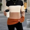 Women Mock Neck Color Block Knit Sweater Long Sleeve Loose Striped Pullover Autumn Winter Casual Color Block Knitted Jumper