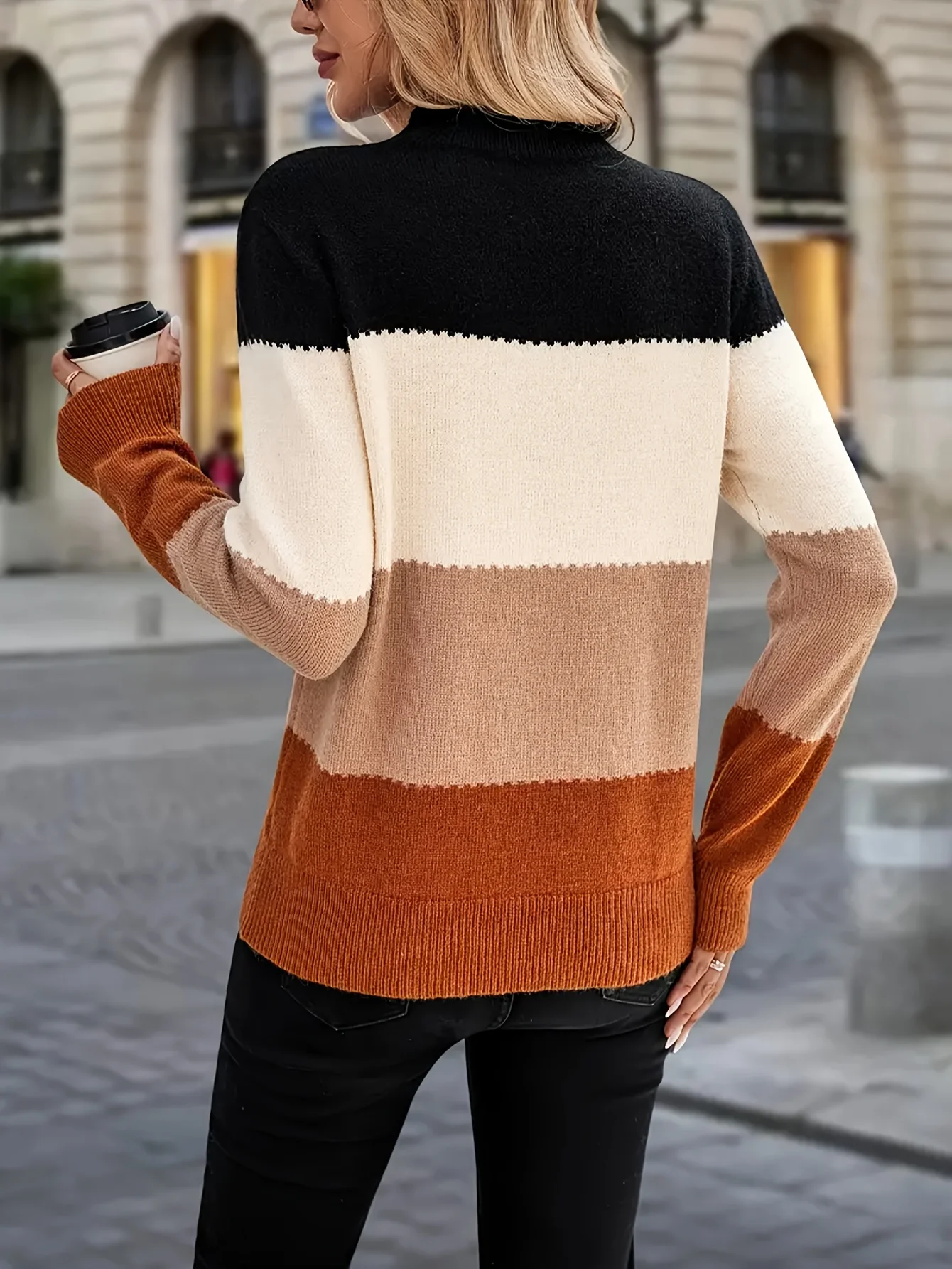 Women Mock Neck Color Block Knit Sweater Long Sleeve Loose Striped Pullover Autumn Winter Casual Color Block Knitted Jumper - Image 3
