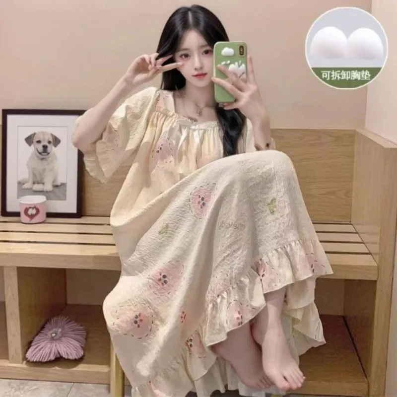 Women Nightdress Chest Pads Long-sleeve Loose-fit Sweet Sleepwear Spring Autumn Girl Student Plus Size Mid-length Home Dress - Image 2
