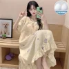 Women Nightdress Chest Pads Long-sleeve Loose-fit Sweet Sleepwear Spring Autumn Girl Student Plus Size Mid-length Home Dress
