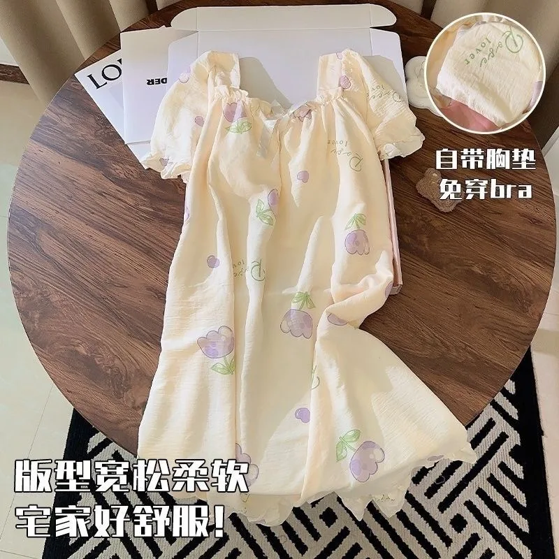 Women Nightdress Chest Pads Long-sleeve Loose-fit Sweet Sleepwear Spring Autumn Girl Student Plus Size Mid-length Home Dress - Image 3