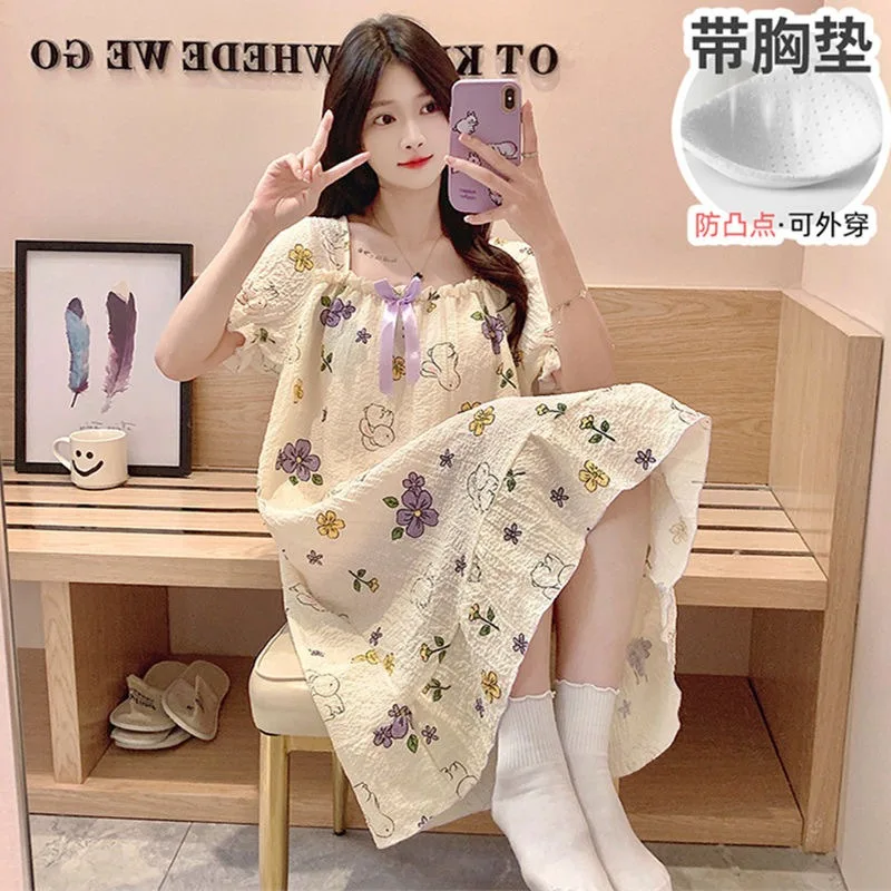Women Nightdress Chest Pads Long-sleeve Loose-fit Sweet Sleepwear Spring Autumn Girl Student Plus Size Mid-length Home Dress - Image 6