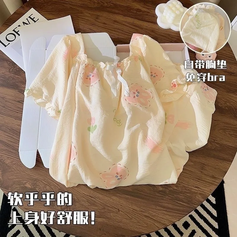Women Nightdress Chest Pads Long-sleeve Loose-fit Sweet Sleepwear Spring Autumn Girl Student Plus Size Mid-length Home Dress - Image 4
