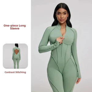 Women One Piece Yoga Jumpsuit Long Sleeve Zipper Front Fitness Bodysuit Contour Seam High Elastic Fashion Workout Activewear