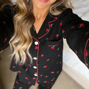 Women Pajamas Notch Lapel Long Sleeve Pants 2 Piece Set Spring Fall Winter Cute Cherry Print Homewear