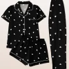 Women Pajamas Notch Lapel Short Sleeve Shorts Pants 3 Piece Set Spring Summer Fall Aesthetic Heart Homewear