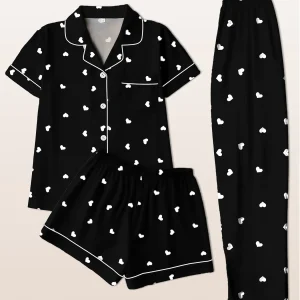Women Pajamas Notch Lapel Short Sleeve Shorts Pants 3 Piece Set Spring Summer Fall Aesthetic Heart Homewear