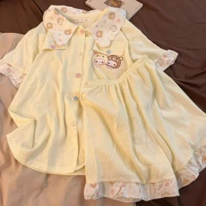 Women Pajamas Set with Shorts Turn-Down Collar Casual Pajamas Spring Fall Homewear Home Suit