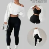 Women Seamless 3‑Piece Yoga Workout Set Long Sleeve Top Sports Bra Leggings Stretch Activewear for Gym Pilates Training