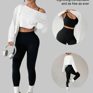 Women Seamless 3‑Piece Yoga Workout Set Long Sleeve Top Sports Bra Leggings Stretch Activewear for Gym Pilates Training