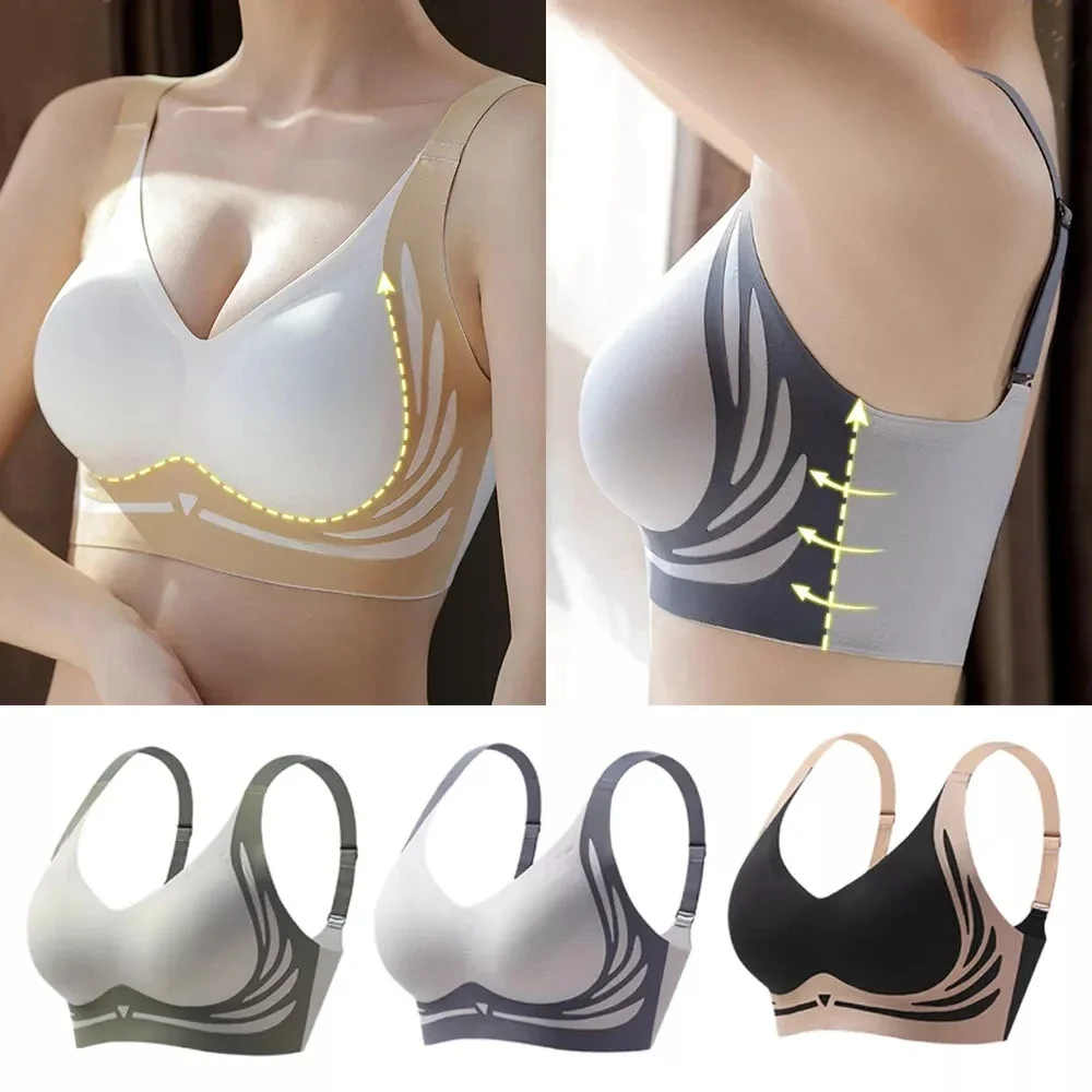 Women Seamless Wireless V Neck Bra No Steel Ring Breathable Thin Adjustable Small Chest Gathering Comfort Underwear