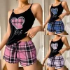 Women Sexy Suspender Shorts Thin Pajamas Letter Print Plaid Shorts Large Pajamas Romantic Home Wear Sexy Nightwear Short Pajama